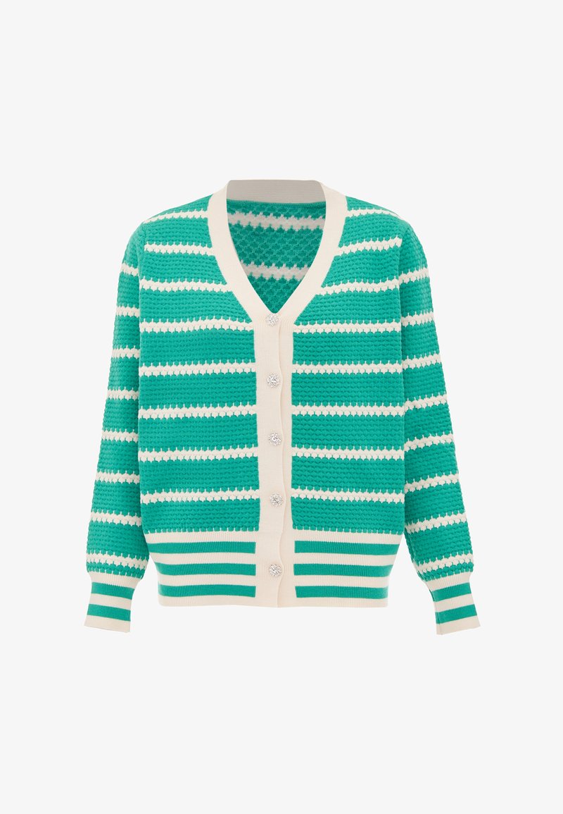 Cardigan a righe verdi e bianche, in maglia leggera con scollo a V, chiusura con bottoni e bottoni decorativi sul davanti. Maniche lunghe.