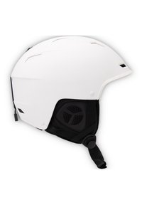 Witte sneeuwhelm met ventilatiesleuven, zachte binnenvoering en verstelbare zwarte kinband. Elegante vormgeving en matte textuur.
