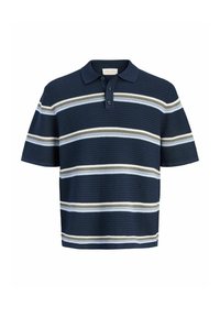 Polo à manches courtes bleu marine en tissu texturé avec des rayures horizontales blanches, beiges et bleu clair, doté d'une patte de boutonnage à trois boutons.