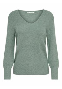 Pull en tricot à col V de couleur vert doux. Présente des manches longues avec des poignets plus larges et une texture côtelée. Fini lisse sans motifs ni accents.
