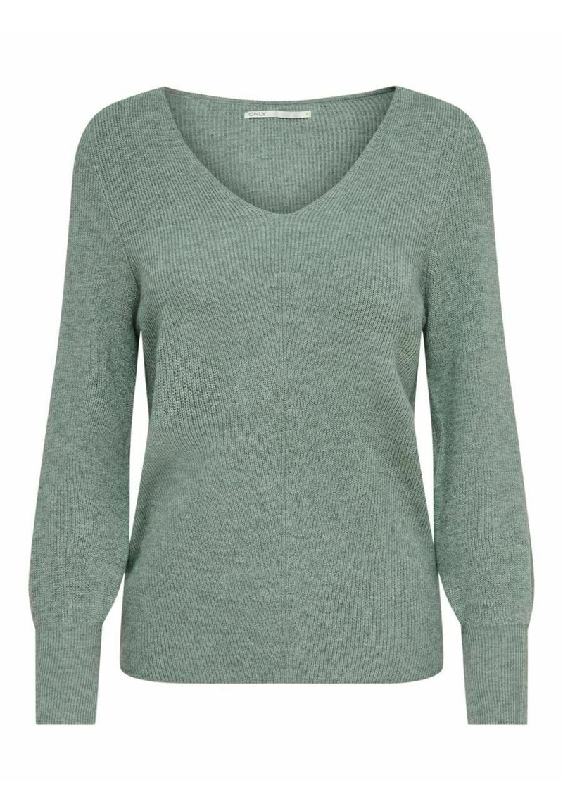 Pull en tricot à col V de couleur vert doux. Présente des manches longues avec des poignets plus larges et une texture côtelée. Fini lisse sans motifs ni accents.