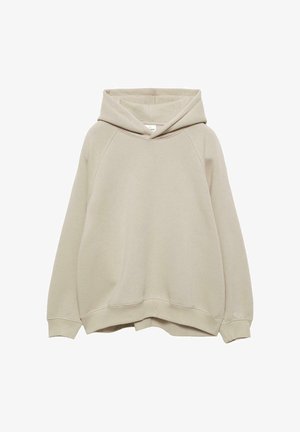 Bež hoodie napravljen od mekog materijala, s velikom kapuljačom, raglan rukavima i blago spuštenim rubom, s rebrastim manžetama i rubom.
