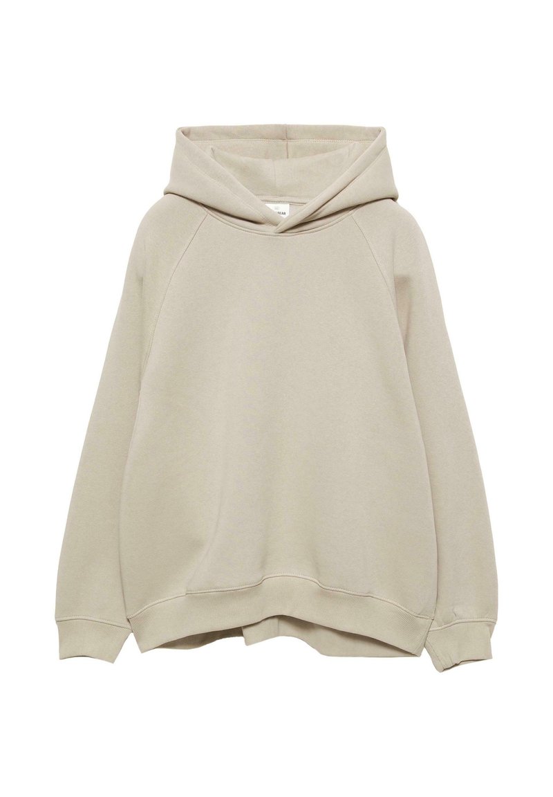 Beige Kapuzenpullover aus weichem Stoff, mit einer großen Kapuze, Raglanärmeln und einem leicht abgerundeten Saum mit gerippten Bündchen und Saum.