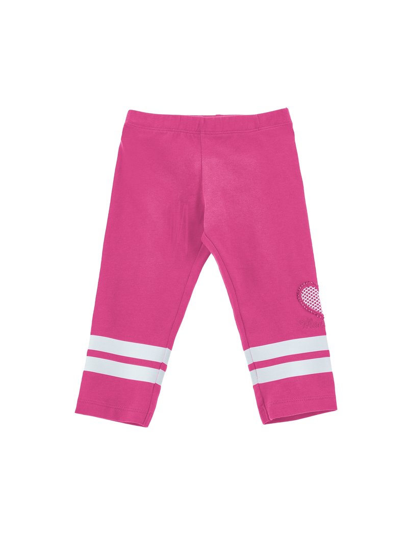Leggings rosas de mezcla de algodón, con rayas horizontales blancas cerca del dobladillo y un diseño de corazón con acentos texturizados en un lado.