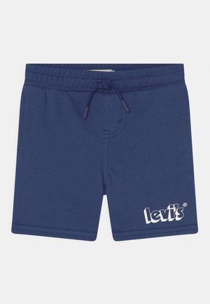 Granatowe szorty wykonane z miękkiej bawełny, z elastycznym paskiem w talii, regulowanym sznurkiem i białym logo "levi's" na dolnej prawej stronie.