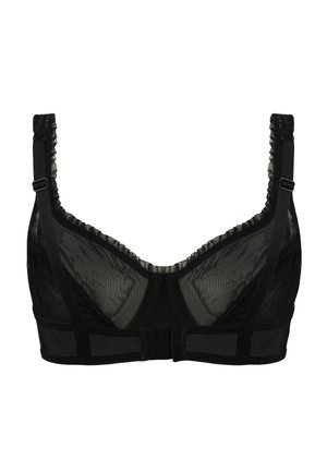 Black bra made of sheer mesh fabric. Features a ruffled edge, adjustable straps, and hook-and-eye closure. Simple design with a smooth texture.