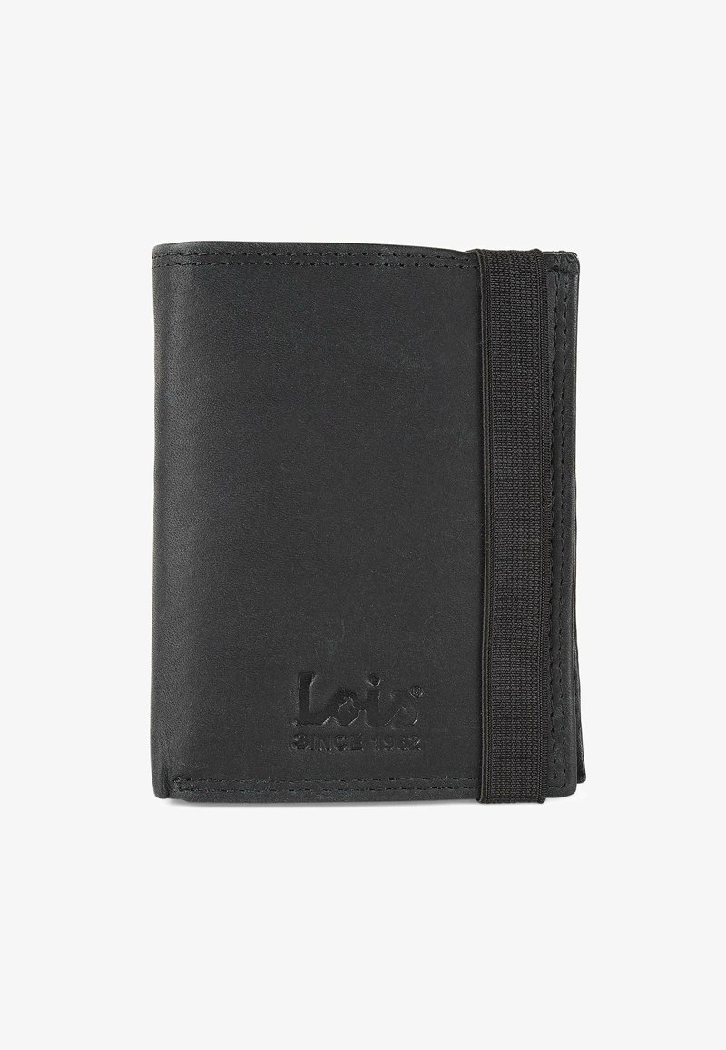 Cartera de cuero negro con cierre de banda elástica, logo en relieve, costuras cuidadas y forma rectangular. Textura suave, diseño compacto.