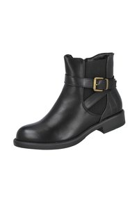 Botín de cuero negro hasta el tobillo con una correa de hebilla lateral, panel elástico, tacón bajo y detalle texturizado en la parte posterior.