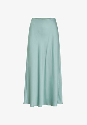 Ilgas, laisvai krentantis sijonas šviesios pastelinės žalios spalvos. Pagamintas iš lygios, blizgios medžiagos, su aukštu juosmeniu ir nedideliu šoniniu plyšiu patogiam judėjimui.