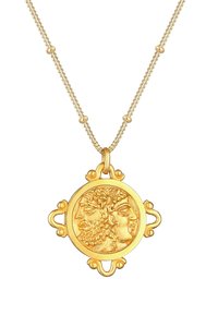 Pendente dorato con due facce in rilievo, forma circolare, dettagli intricati, attaccato a una sottile catena con piccole decorazioni a forma di perla.