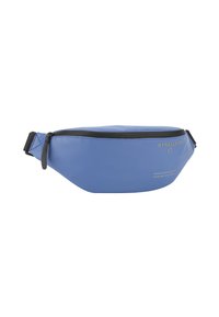 Blaues Gürteltäschchen aus glattem Material, mit einem schwarzen Reißverschluss, verstellbarem Riemen und dezentem Markenlogo-Detail auf der Vorderseite.
