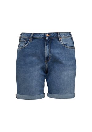 Blauwe denimshorts met opgerolde zomen, knoop aan de voorkant, rits en vijfzakkenontwerp.