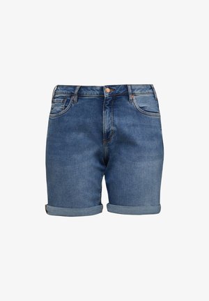 Blauwe denimshorts met opgerolde zomen, knoop aan de voorkant, rits en vijfzakkenontwerp.