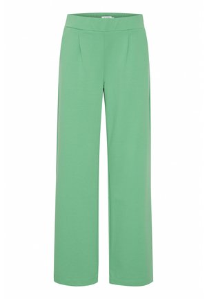 Pantaloni a gamba larga verdi realizzati in tessuto morbido, con una vita piatta e pieghe frontali per un tocco in più. Texture liscia e design a lunghezza intera.