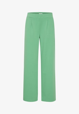 Zelene široke hlače izrađene od mekog materijala, s ravnim pojasom i prednjim nabranicama za dodatni detalj. Glatka tekstura i dizajn punih dužina.