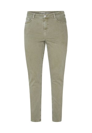 Olijfgroene skinny jeans met een gladde textuur, vijf-pocket ontwerp, knoop- en ritssluiting, en subtiele vervaging op de stof.