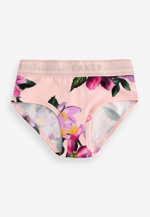 Ropa interior con estampado floral en tonos rosados que presenta una cinturilla suave con la inscripción "BAKER" en letras metálicas, confeccionada en una tela suave que ofrece un ajuste cómodo.