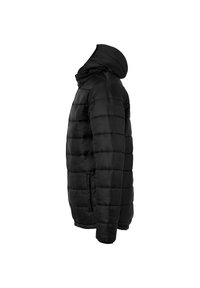 Sort pufferjakke med lynlås foran og hætte, med en quiltet design, lodrette syninger og sidelommer. Glat, blank nylon ydre.