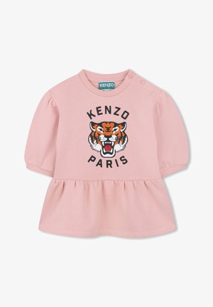Abito in cotone rosa con maniche a sbuffo corte, caratterizzato da una grafica di un tigre nera e arancione e dalla scritta "KENZO PARIS" sul davanti, con fondo plissettato.