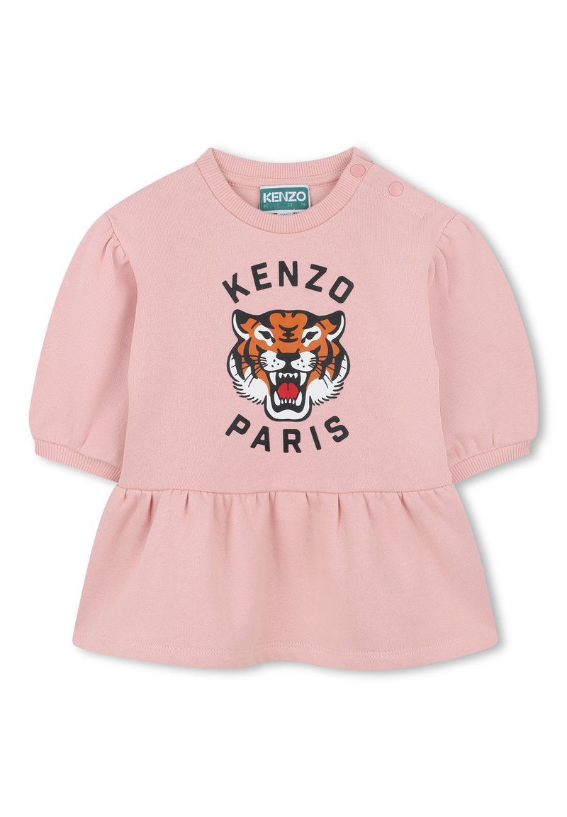 Różowa bawełniana sukienka z krótkimi bufkami, z grafiką czarno-pomarańczowego tygrysa oraz napisem "KENZO PARIS" z przodu, plisowany dół.