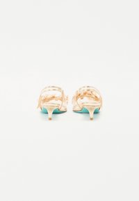 Sandali con tacco color oro, caratterizzati da un design con cinturino trasparente, con dettagli floreali e una suola verde menta. Tacco basso e affusolato.