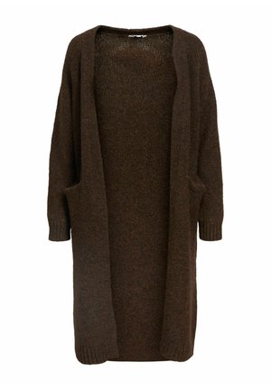 Cardigan lungo marrone realizzato in materiale a maglia testurizzato. Presenta un'apertura frontale, maniche lunghe e due tasche frontali.