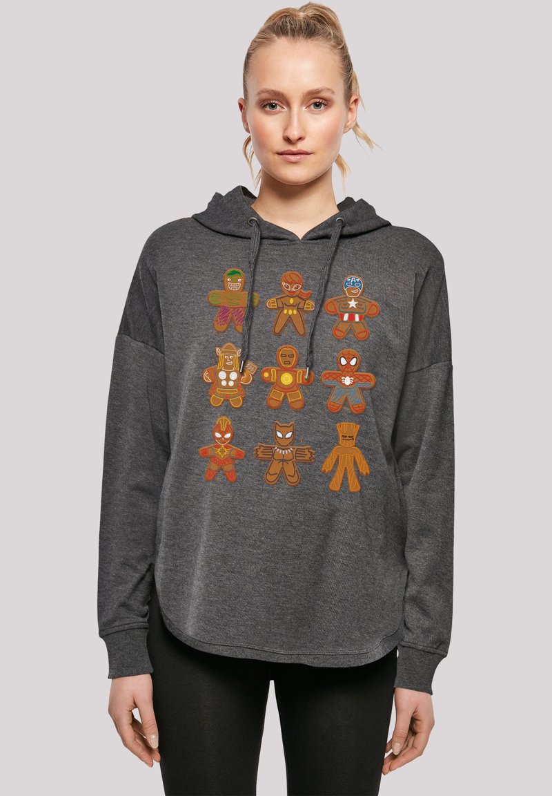 Felpa con cappuccio grigia scura caratterizzata da un design grafico di otto personaggi di pan di zenzero supereroi in vari colori e dettagli. Tessuto texturizzato, vestibilità rilassata.