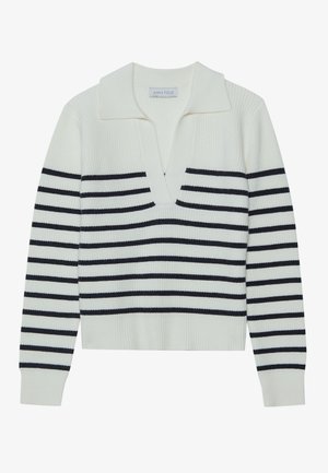 Weißer Pullover mit marineblauen horizontalen Streifen, einem gerippten Muster und einem großen V-Ausschnitt. Lange Ärmel mit gerippten Bündchen und Saum.