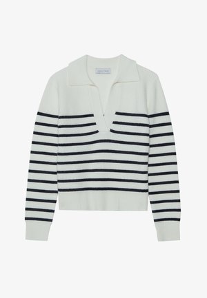 Pull blanc avec des rayures horizontales bleu marine, une texture côtelée et un grand col en V. Manches longues avec des poignets côtelés et un ourlet côtelé.
