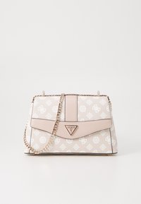 Borsa a mano rosa chiaro con motivo a logo bianco, forma strutturata, materiale in ecopelle, tracolla in catena argentata, presenta un logo triangolare sul davanti.