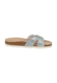 Blå metallisk slidesandal med korkfotbädd, vit gummisula, korsband och en spänneaccent. Platt design med texturerad ovandel.