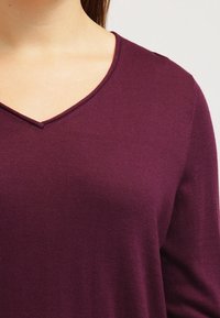 V-Ausschnitt, langärmliges Oberteil in einem tiefen Burgunderrot, aus einem weichen, strukturierten Strickstoff gefertigt. Schlichtes Design ohne sichtbare Muster oder Hardware.