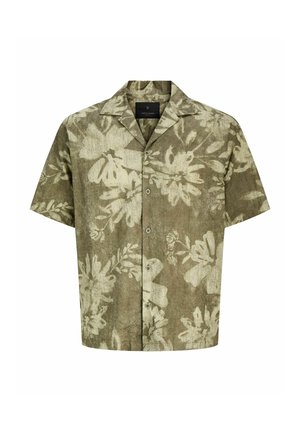 Camicia a maniche corte con bottoni, motivo floreale verde oliva e beige, collo e bottoni frontali.