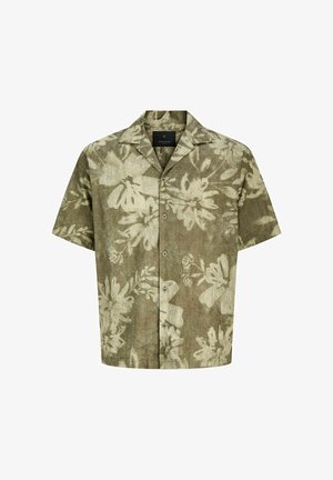 Short-sleeve button-up shirt with olive green and beige floral pattern, collar, and front buttons.