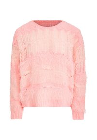 Weicher rosa Strickpullover mit einem flauschigen Strukturmuster und langen Ärmeln, mit einem runden Ausschnitt sowie gerippten Bündchen und Saum.