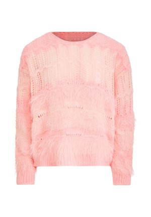 Maglione lavorato a maglia rosa morbido con un motivo testurizzato soffice e maniche lunghe, dotato di un colletto rotondo e polsini e orlo a costine.