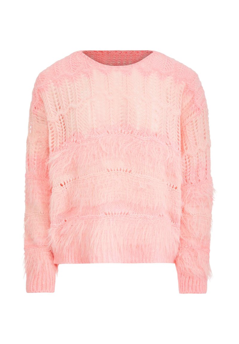Weicher rosa Strickpullover mit einem flauschigen Strukturmuster und langen Ärmeln, mit einem runden Ausschnitt sowie gerippten Bündchen und Saum.