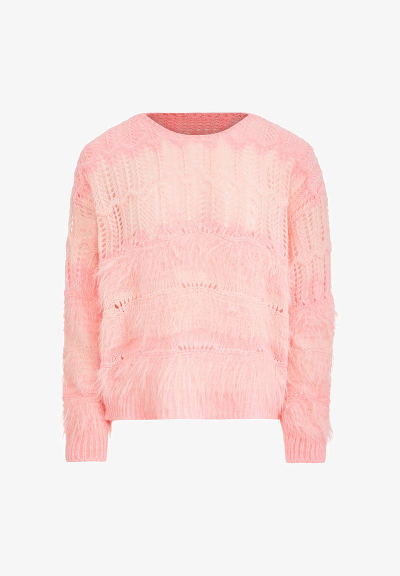 Weicher rosa Strickpullover mit einem flauschigen Strukturmuster und langen Ärmeln, mit einem runden Ausschnitt sowie gerippten Bündchen und Saum.