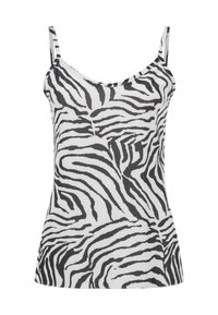 Top sans manches pour femme avec fines bretelles et motif rayures zèbre noir et blanc sur un tissu texturé.