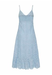 Gaiši zila kleita ar regulējamiem pīkstošu siksnām, krūšu daļu ar smock modeli un izvērstu svārku. Iezīmē acs rakstus un viļņotu apakšmalu.