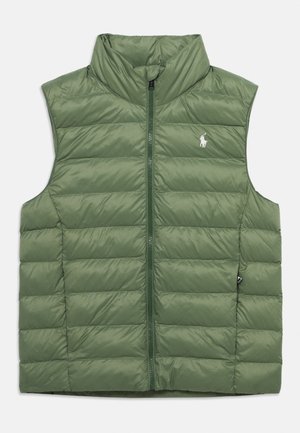 Sleeveless olive green quilted puffer vest with front zipper and small embroidered white logo on left chest.