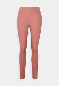 Leggings de color rosa claro hechos de una tela elástica, con cintura alta, textura suave y sin patrones ni elementos metálicos visibles.