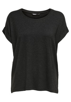 T-shirt nera a maniche corte realizzata in tessuto morbido. Presenta un colletto rotondo e maniche arrotolate. Design semplice e classico senza motivi.