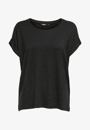 Melnas īsām piedurknēm T-krekls, izgatavots no mīkstas auduma. Ar apaļu kakla izgriezumu un sarullētām piedurknēm. Vienkāršs, klasiskas dizains bez rakstiem.