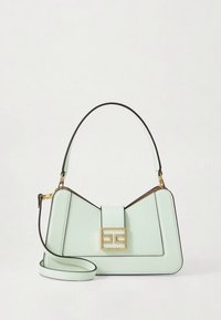 Mint green leather handbag with a structured, angular design, featuring a gold-tone clasp and a detachable strap.