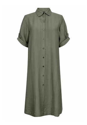 Abito camicia verde oliva con colletto, maniche corte arrotolate, texture verticale e chiusura frontale con bottoni abbinati.