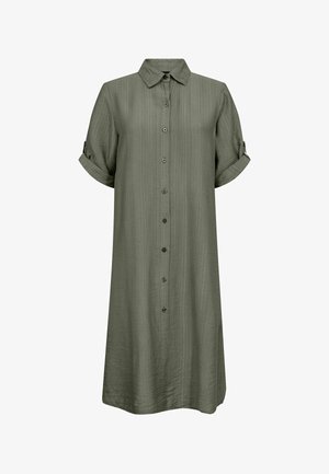 Vestido camisero verde oliva con cuello, mangas cortas arremangadas, textura vertical y frente abotonado con botones a juego.