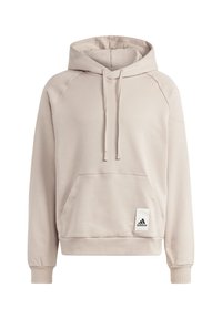 Harmaa-beige huppari, joka on valmistettu pehmeästä kankaasta. Hupparissa on kengurutasku, nyörit, ribbikuvioidut hihansuut ja Adidas-logotagi helmassa.