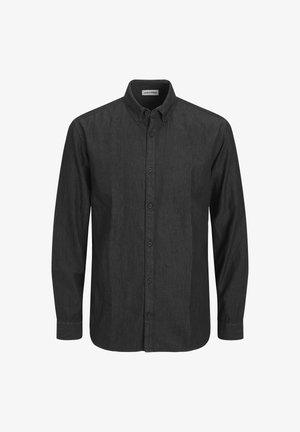 Camicia nera con bottoni, realizzata in tessuto testurizzato, con colletto a punta, maniche lunghe e patta frontale con bottoni coordinati.