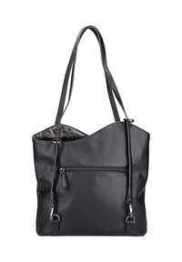 Sac fourre-tout en cuir noir avec une surface texturée, doté d'une poche avant zippée et d'un intérieur imprimé léopard. Deux longues poignées.